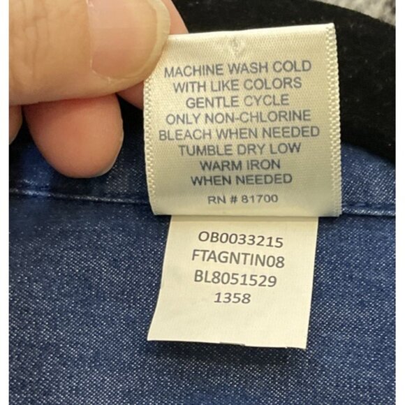 Blair Large Blue Denim Embroidered Button‎ Top Cardinals Birds Pockets Roll Tab - Picture 8 of 9